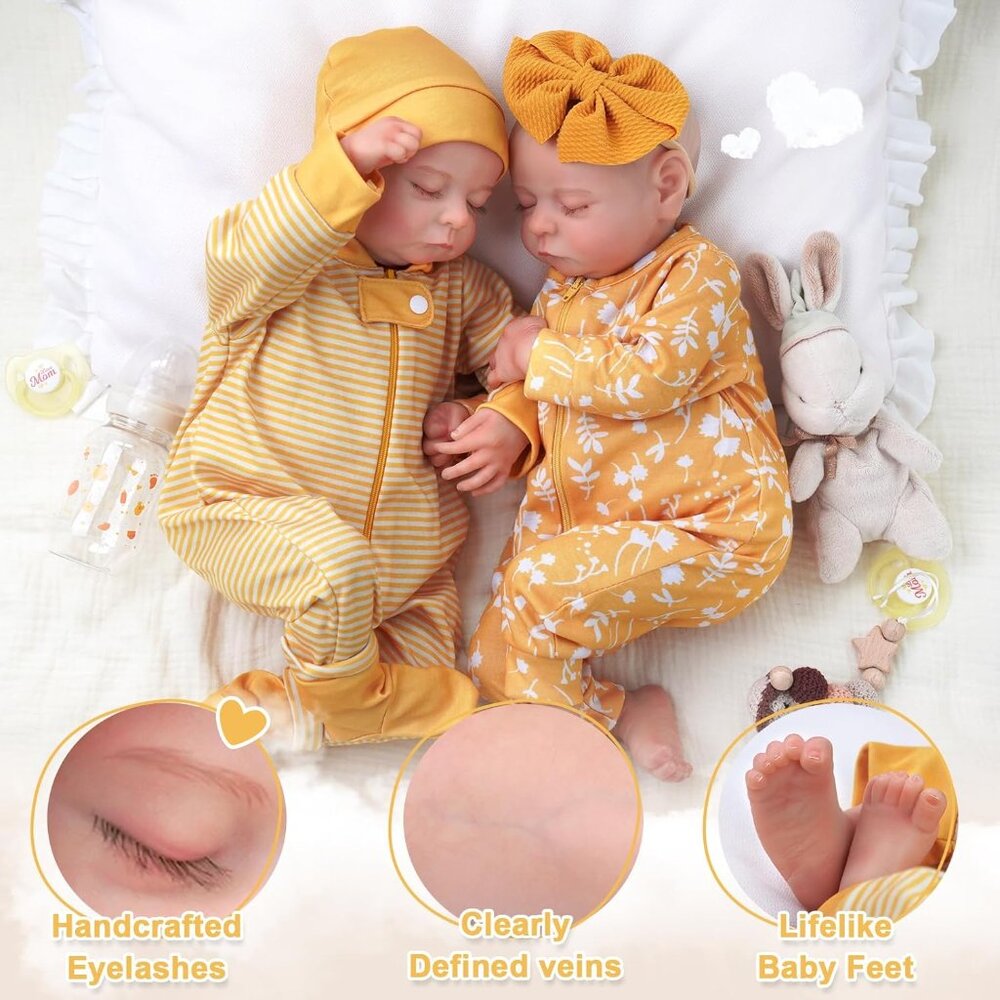 💫 Realistic Newborn Baby Dolls Twins Yellow Soft Vinyl Clothes Toy Gift Kids - Picture 4 of 7